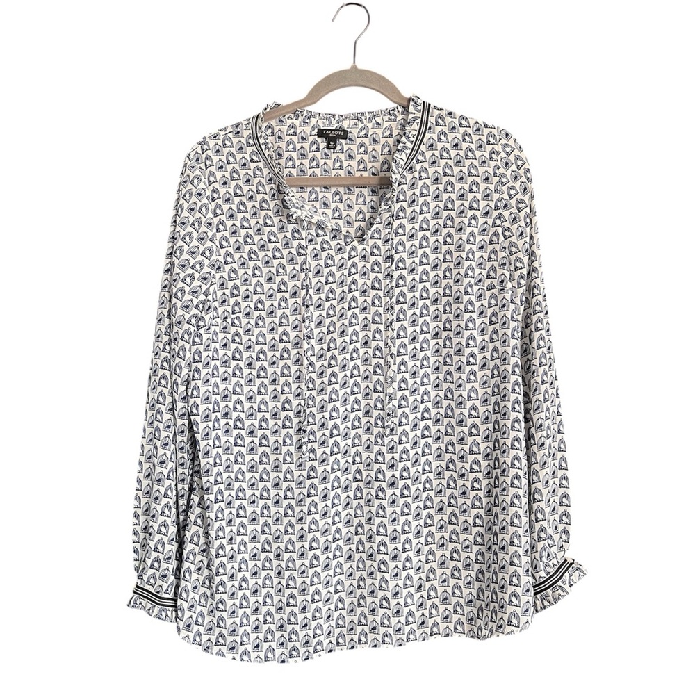 Talbots Women’s Blouse Birdcage Print Blue White size Large Petite - Picture 2 of 10